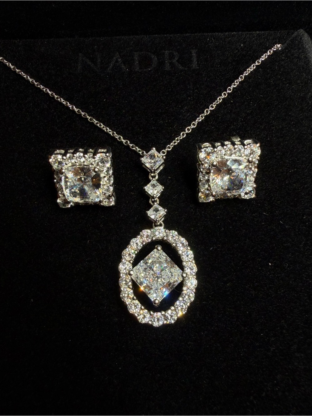 Nadri Square Halo Rhodium Plated CZ Pendant Necklace, Coordinating Earrings GWP